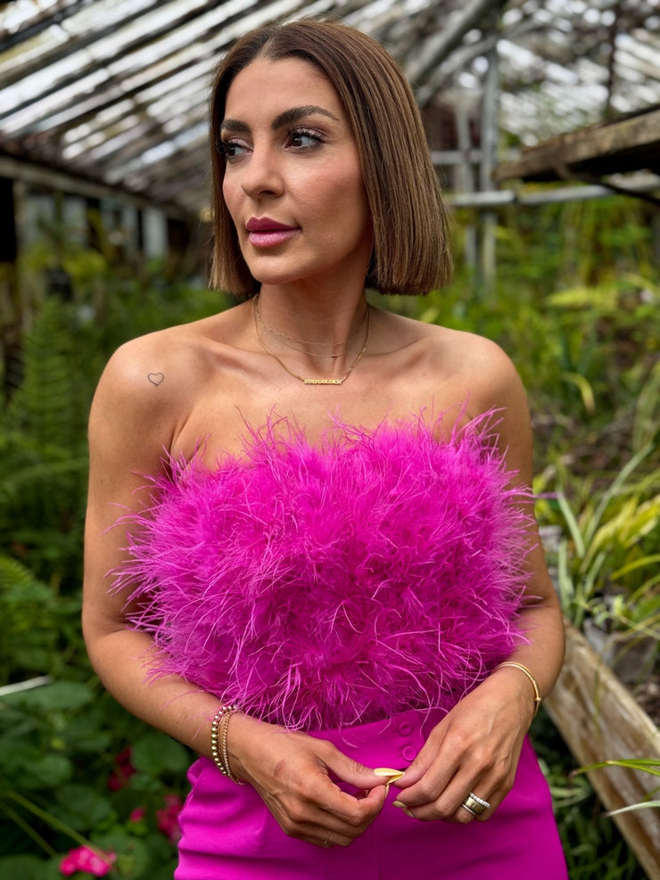Fancy Strapless Feather Crop Top (Magenta) by Buddy Love - theClothesRak